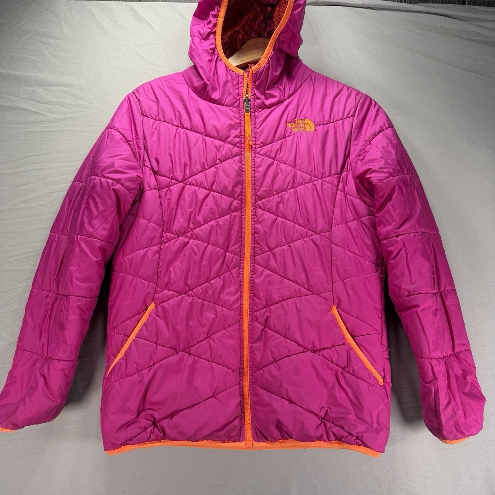 The North Face Puffer Jacket Youth Girls Large Pink Orange Reversible Hooded - Picture 6 of 12